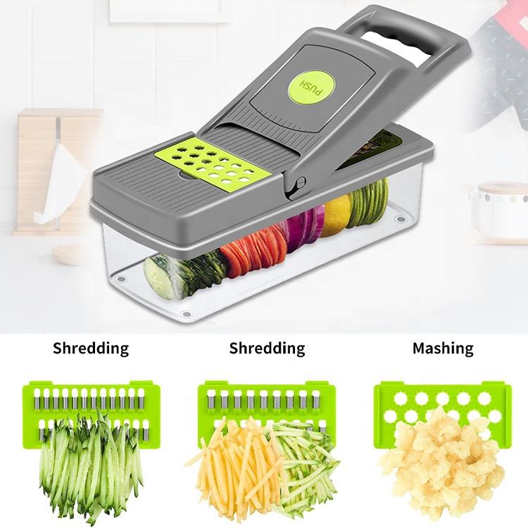 Gloway 14-in-1 Manual Vegetable Chopper & Onion Mincer with 8 Stainless Steel Blades, Spiralizer, Vegetable Slicer & Food Container