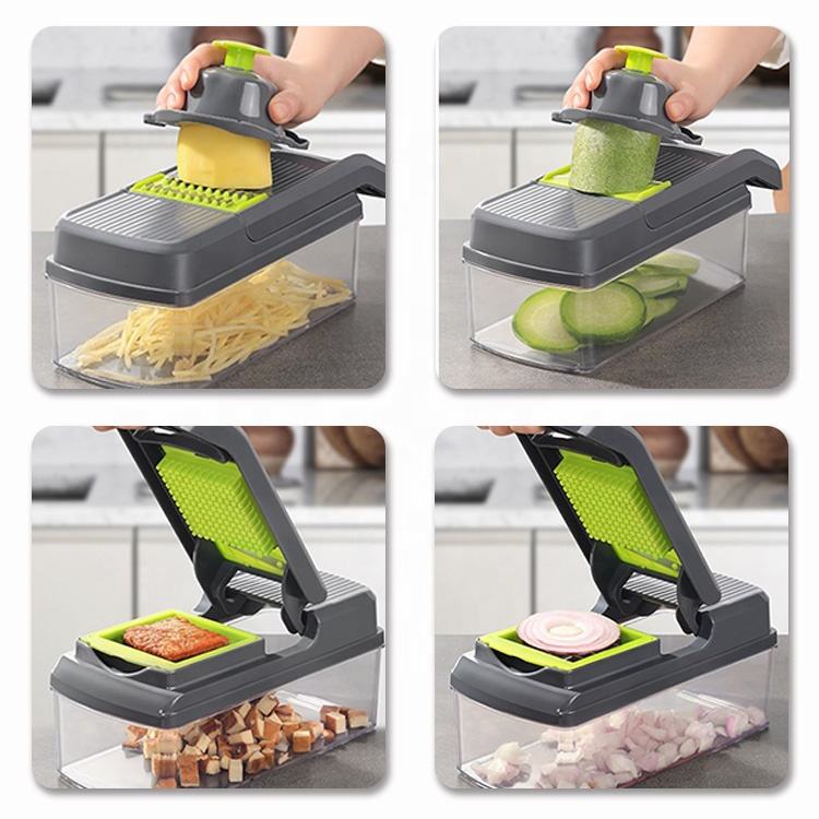 Gloway 14-in-1 Manual Vegetable Chopper & Onion Mincer with 8 Stainless Steel Blades, Spiralizer, Vegetable Slicer & Food Container